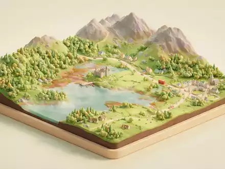 Isometrisches Diorama von Ring of Kerry und Umgebung in Killarney Irland, verspielte Low-Poly-Kulisse in Pastellfarben - Foto: THN