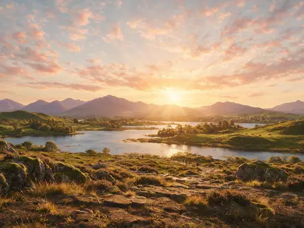 Fotorealistische Panoramaaufnahme von Ring of Kerry in Killarney Irland, warmes Abendlicht auf Wahrzeichen - Foto: THN