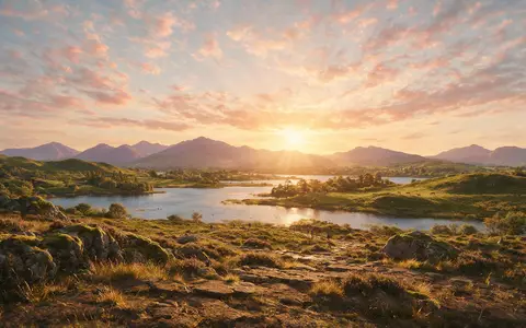 Fotorealistische Panoramaaufnahme von Ring of Kerry in Killarney Irland, warmes Abendlicht auf Wahrzeichen - Foto: THN