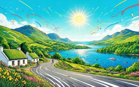 Pop-Art-Comicillustration des Wahrzeichens Ring of Kerry in Killarney Irland, kraeftige Konturen Rasterpunkte und satte Farben - Foto: THN