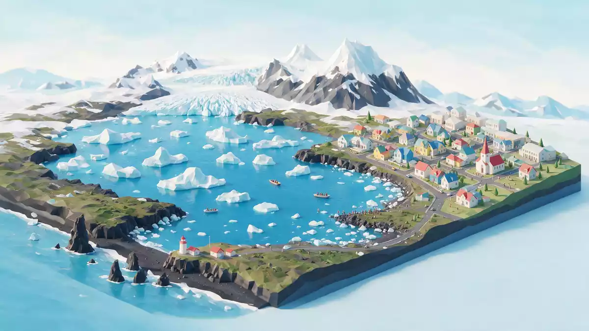 Isometrisches Diorama von Jökulsarlon-Gletscherlagune in Hofn, Island in Pastell