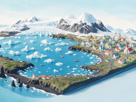 Isometrisches Diorama von Jökulsarlon-Gletscherlagune und Umgebung in Hofn Island, verspielte Low-Poly-Kulisse in Pastellfarben - Foto: THN