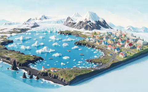 Isometrisches Diorama von Jökulsarlon-Gletscherlagune und Umgebung in Hofn Island, verspielte Low-Poly-Kulisse in Pastellfarben - Foto: THN
