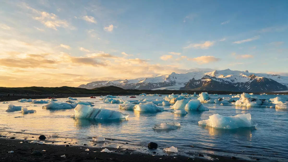 Fotorealistische Ansicht von Jökulsarlon-Gletscherlagune in Hofn, Island im Abendlicht