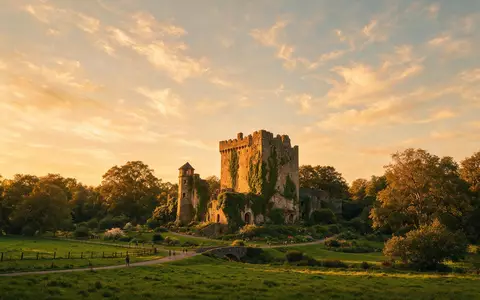 Fotorealistische Panoramaaufnahme von Blarney Castle in Blarney Irland, warmes Abendlicht auf Wahrzeichen - Foto: THN