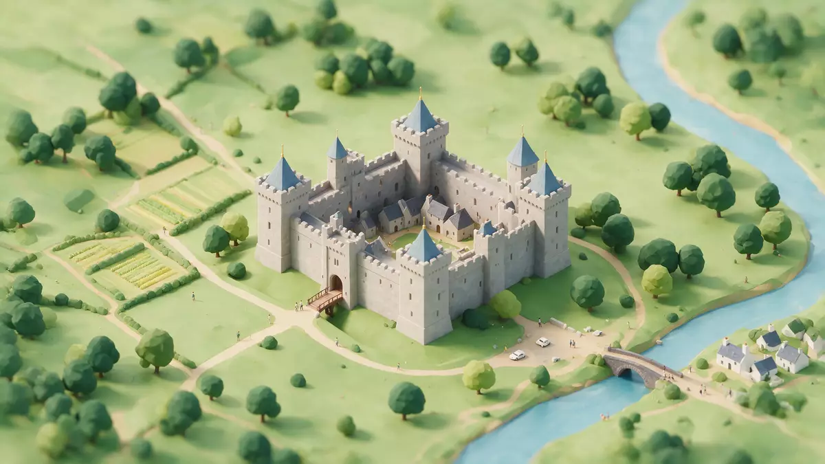 Isometrisches Diorama von Blarney Castle in Blarney, Irland in Pastell