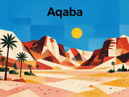 Bauhaus-Poster als geometrische Abstraktion von Wadi Rum in Aqaba Jordanien, kraeftige Grundfarben und harte Formkanten - Foto: THN