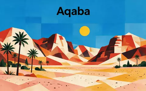 Bauhaus-Poster als geometrische Abstraktion von Wadi Rum in Aqaba Jordanien, kraeftige Grundfarben und harte Formkanten - Foto: THN