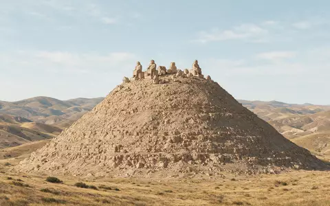Moderner Architektur-Render zeigt Silhouette von Nemrut Dagi in Adiyaman Türkei, klare Linien und neutrales Tageslicht - Foto: THN