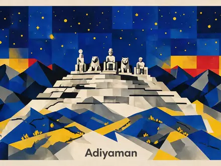 Bauhaus-Poster als geometrische Abstraktion von Nemrut Dagi in Adiyaman Türkei, kraeftige Grundfarben und harte Formkanten - Foto: THN