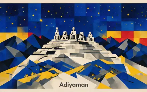 Bauhaus-Poster als geometrische Abstraktion von Nemrut Dagi in Adiyaman Türkei, kraeftige Grundfarben und harte Formkanten - Foto: THN