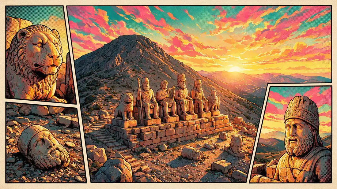 Pop-Art-Comic von Nemrut Dagi in Adiyaman, Türkei mit Rasterpunkten