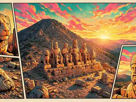 Pop-Art-Comicillustration des Wahrzeichens Nemrut Dagi in Adiyaman Türkei, kraeftige Konturen Rasterpunkte und satte Farben - Foto: THN