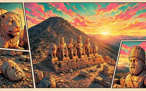 Pop-Art-Comicillustration des Wahrzeichens Nemrut Dagi in Adiyaman Türkei, kraeftige Konturen Rasterpunkte und satte Farben - Foto: THN