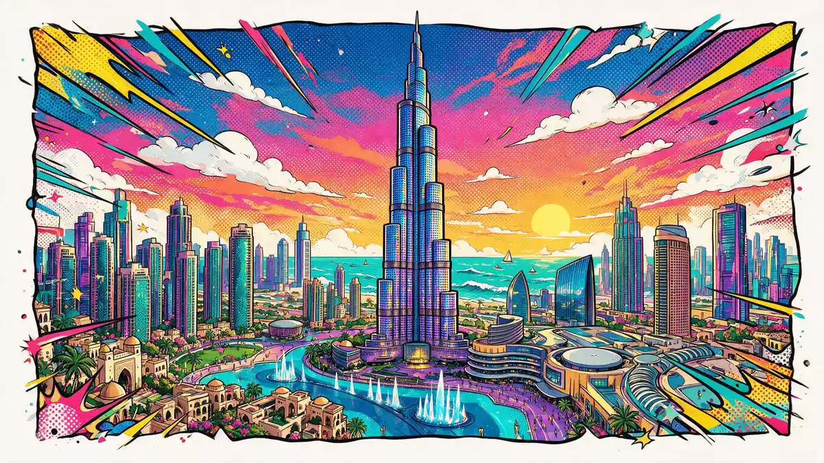 Pop-Art-Comic von Burj Khalifa Dubai in Dubai, VAE mit Rasterpunkten