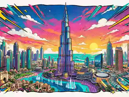 Pop-Art-Comicillustration des Wahrzeichens Burj Khalifa Dubai in Dubai VAE, kraeftige Konturen Rasterpunkte und satte Farben - Foto: THN