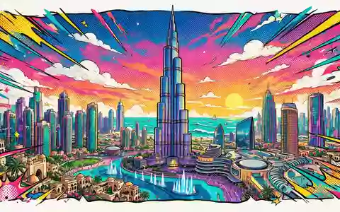 Pop-Art-Comicillustration des Wahrzeichens Burj Khalifa Dubai in Dubai VAE, kraeftige Konturen Rasterpunkte und satte Farben - Foto: THN