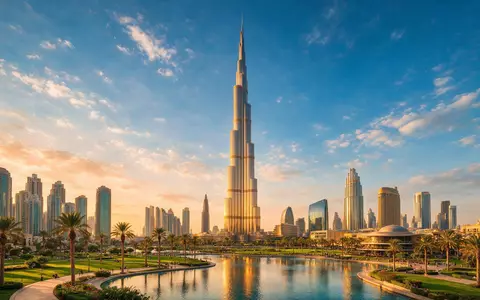 Fotorealistische Panoramaaufnahme von Burj Khalifa Dubai in Dubai VAE, warmes Abendlicht auf Wahrzeichen - Foto: THN