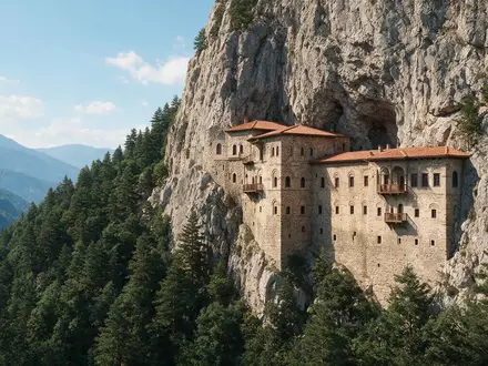 Moderner Architektur-Render zeigt Silhouette von Sumela-Kloster in Trabzon Türkei, klare Linien und neutrales Tageslicht - Foto: THN