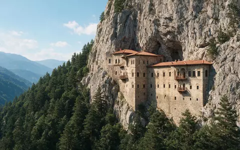 Moderner Architektur-Render zeigt Silhouette von Sumela-Kloster in Trabzon Türkei, klare Linien und neutrales Tageslicht - Foto: THN