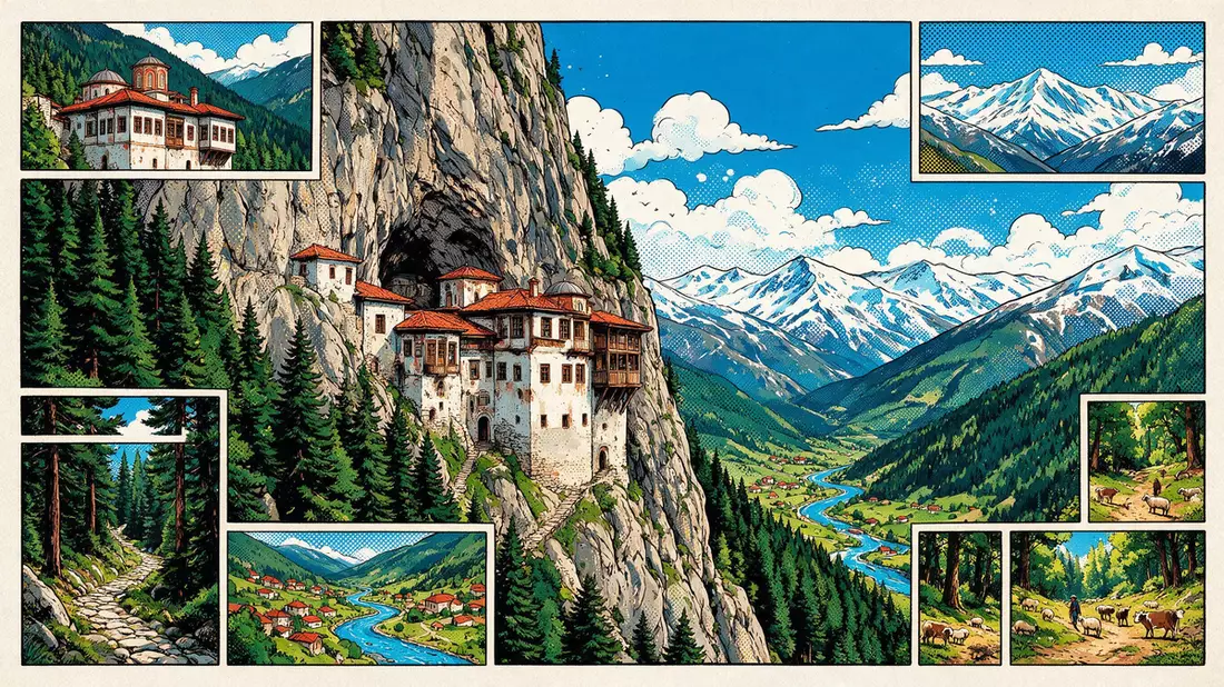 Pop-Art-Comic von Sumela-Kloster in Trabzon, Türkei mit Rasterpunkten