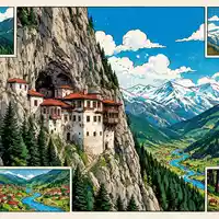 Pop-Art-Comicillustration des Wahrzeichens Sumela-Kloster in Trabzon Türkei, kraeftige Konturen Rasterpunkte und satte Farben - Foto: THN