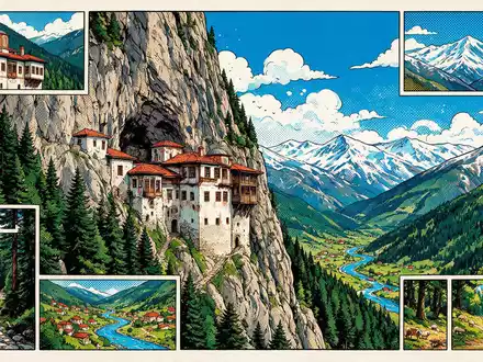 Pop-Art-Comicillustration des Wahrzeichens Sumela-Kloster in Trabzon Türkei, kraeftige Konturen Rasterpunkte und satte Farben - Foto: THN