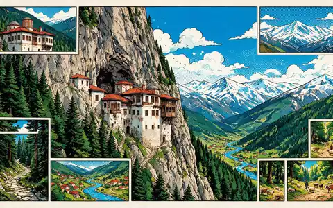 Pop-Art-Comicillustration des Wahrzeichens Sumela-Kloster in Trabzon Türkei, kraeftige Konturen Rasterpunkte und satte Farben - Foto: THN