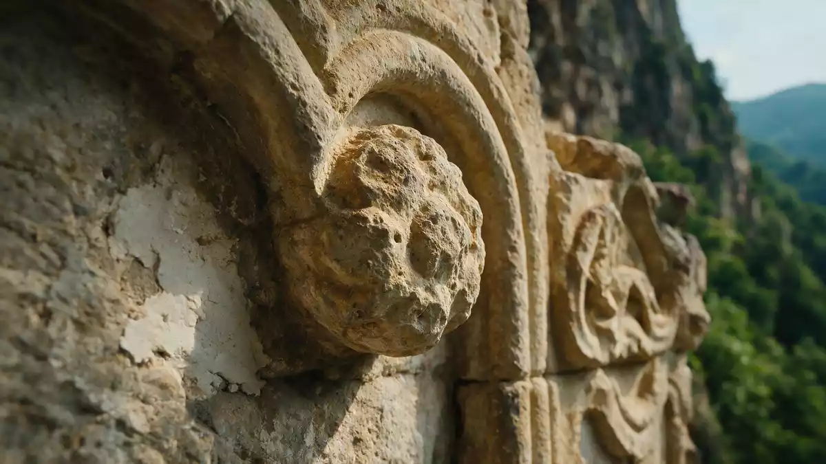 Makroaufnahme eines Materialdetails am Wahrzeichen Sumela-Kloster, Trabzon Türkei