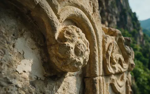 Extreme Makroaufnahme eines Materialdetails am Wahrzeichen Sumela-Kloster in Trabzon Türkei, taktile Struktur und weiches Seitenlicht - Foto: THN