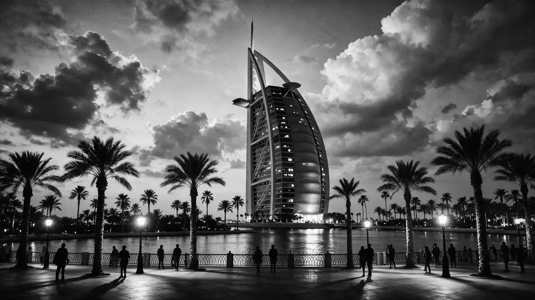 Schwarzweiss-Reportage vom Wahrzeichen Burj Al Arab Dubai in Dubai, VAE