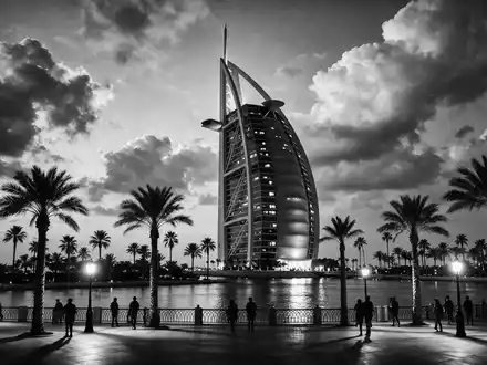 Schwarzweiss-Reportagebild vom Wahrzeichen Burj Al Arab Dubai in Dubai VAE, dokumentarische Reisefotografie mit starken Kontrasten - Foto: THN