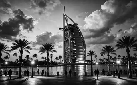 Schwarzweiss-Reportagebild vom Wahrzeichen Burj Al Arab Dubai in Dubai VAE, dokumentarische Reisefotografie mit starken Kontrasten - Foto: THN