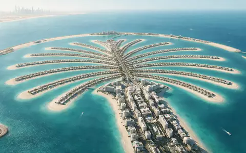 Moderner Architektur-Render zeigt Silhouette von Palm Jumeirah in Dubai VAE, klare Linien und neutrales Tageslicht - Foto: THN