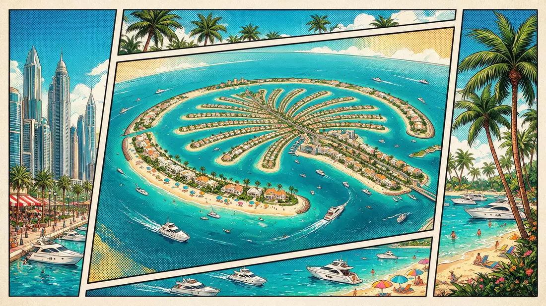 Pop-Art-Comic von Palm Jumeirah in Dubai, VAE mit Rasterpunkten