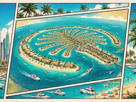 Pop-Art-Comicillustration des Wahrzeichens Palm Jumeirah in Dubai VAE, kraeftige Konturen Rasterpunkte und satte Farben - Foto: THN