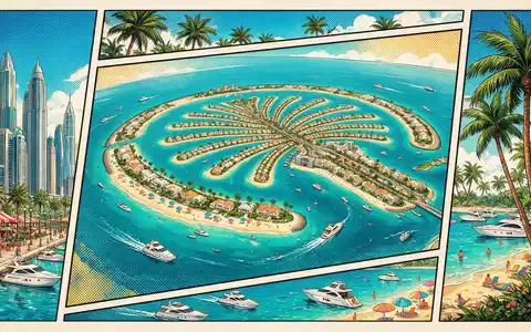 Pop-Art-Comicillustration des Wahrzeichens Palm Jumeirah in Dubai VAE, kraeftige Konturen Rasterpunkte und satte Farben - Foto: THN