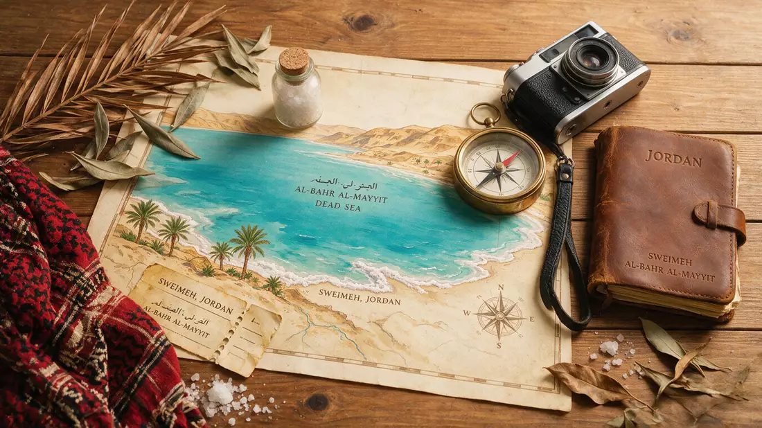 Flatlay-Reise-Arrangement rund um Totes Meer Jordanien in Sweimeh, Jordanien
