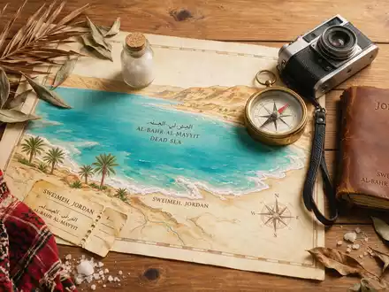 Flatlay-Reise-Arrangement rund um Totes Meer Jordanien in Sweimeh Jordanien, Karte Kompass Kamera und generische Reiserequisiten - Foto: THN