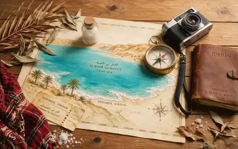 Flatlay-Reise-Arrangement rund um Totes Meer Jordanien in Sweimeh Jordanien, Karte Kompass Kamera und generische Reiserequisiten - Foto: THN