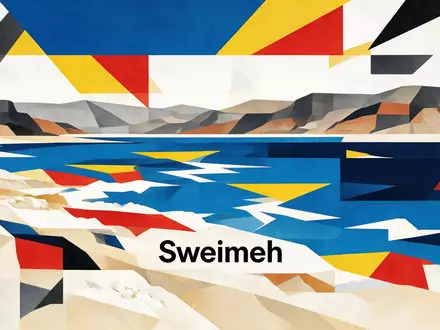 Bauhaus-Poster als geometrische Abstraktion von Totes Meer Jordanien in Sweimeh Jordanien, kraeftige Grundfarben und harte - Foto: THN