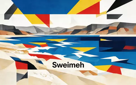 Bauhaus-Poster als geometrische Abstraktion von Totes Meer Jordanien in Sweimeh Jordanien, kraeftige Grundfarben und harte - Foto: THN