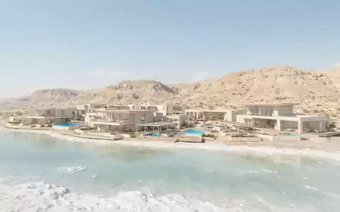 Moderner Architektur-Render zeigt Silhouette von Totes Meer Jordanien in Sweimeh Jordanien, klare Linien und neutrales - Foto: THN