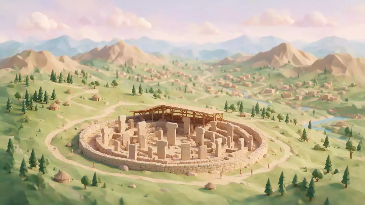 Isometrisches Diorama von Göbekli Tepe in Sanliurfa, Türkei in Pastell