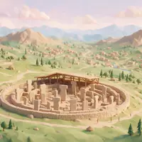 Isometrisches Diorama von Göbekli Tepe und Umgebung in Sanliurfa Türkei, verspielte Low-Poly-Kulisse in Pastellfarben - Foto: THN