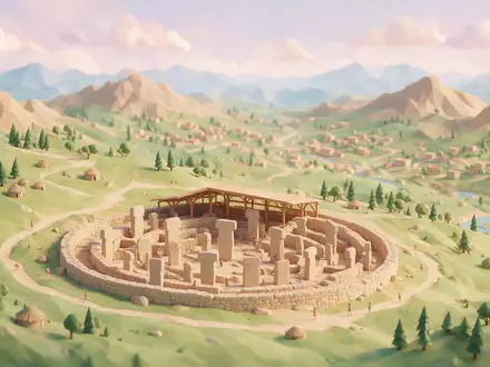 Isometrisches Diorama von Göbekli Tepe und Umgebung in Sanliurfa Türkei, verspielte Low-Poly-Kulisse in Pastellfarben - Foto: THN