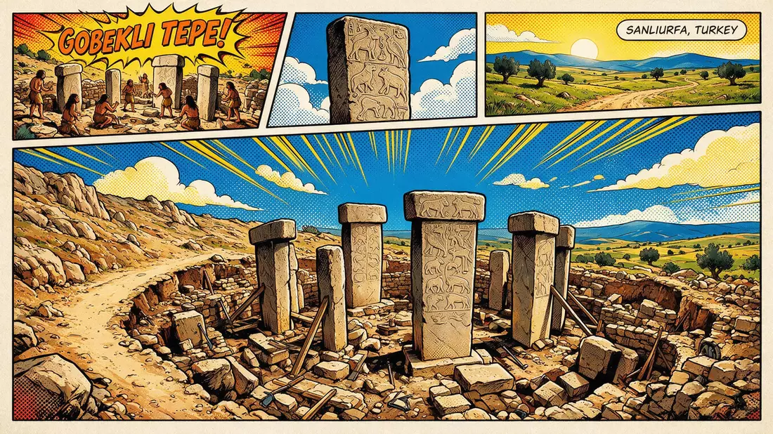 Pop-Art-Comic von Göbekli Tepe in Sanliurfa, Türkei mit Rasterpunkten