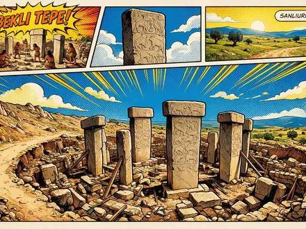 Pop-Art-Comicillustration des Wahrzeichens Göbekli Tepe in Sanliurfa Türkei, kraeftige Konturen Rasterpunkte und satte Farben - Foto: THN