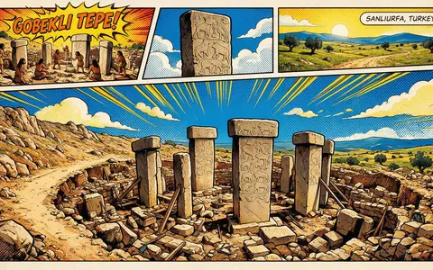 Pop-Art-Comicillustration des Wahrzeichens Göbekli Tepe in Sanliurfa Türkei, kraeftige Konturen Rasterpunkte und satte Farben - Foto: THN