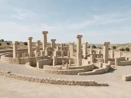 Moderner Architektur-Render zeigt Silhouette von Göbekli Tepe in Sanliurfa Türkei, klare Linien und neutrales Tageslicht - Foto: THN